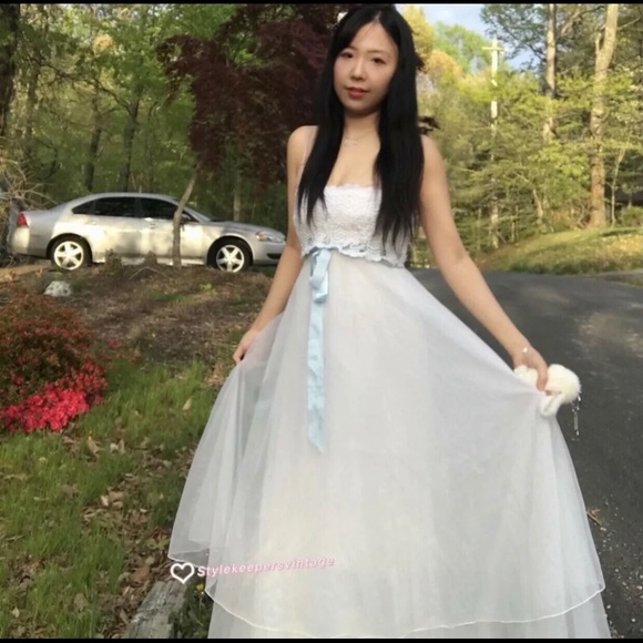 💖Gunne Sax💖Style Romantic Bridal Ivory Blue Ribbon Eyelet Lace Dress Sz S 💐 - Picture 4 of 10